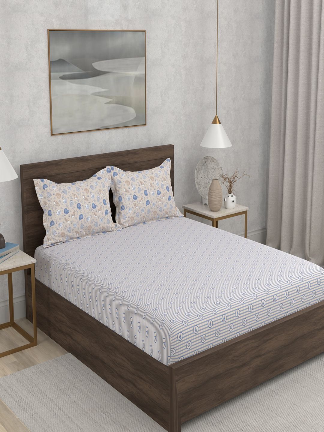 Portico Hashtag 152 TC Pure Cotton Blue Super King Bedsheet & 2 Pillow Covers-image-49