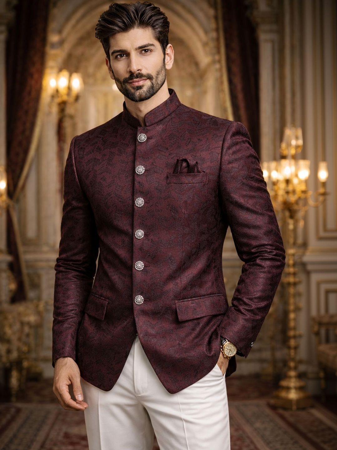 House of Pataudi Jacquard Self-Design Bandhgala Blazer-picture-12