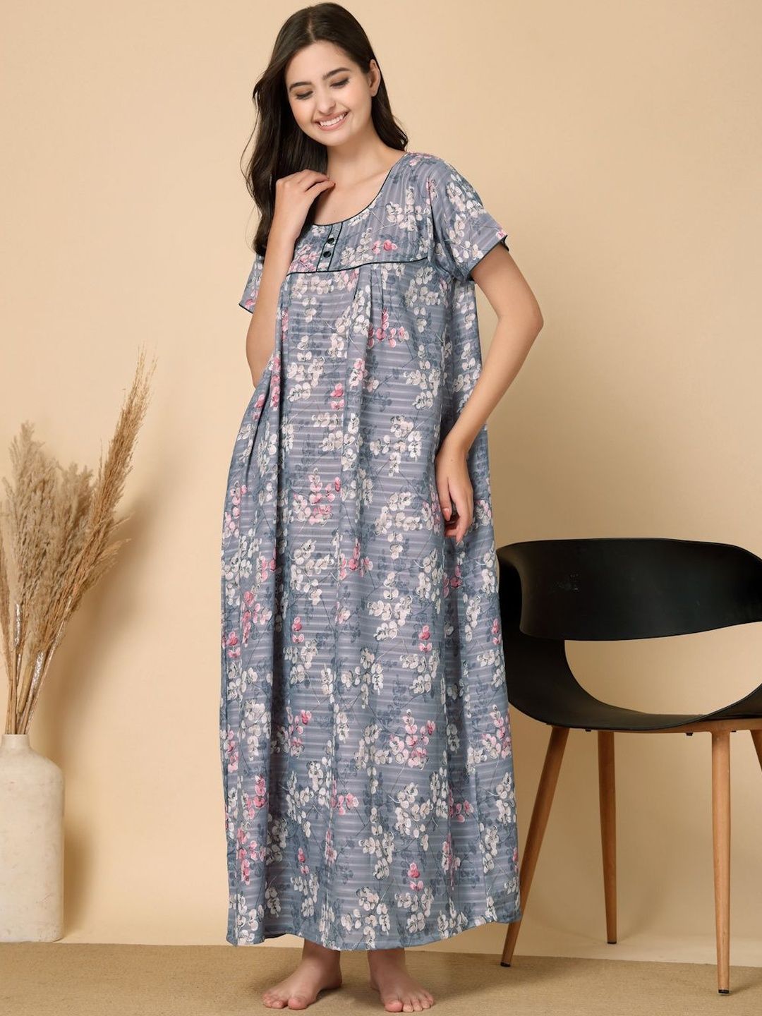 KLOTTHE Grey Floral Soft Feel Cotton Blend Printed Maxi Nightdress-picture-57