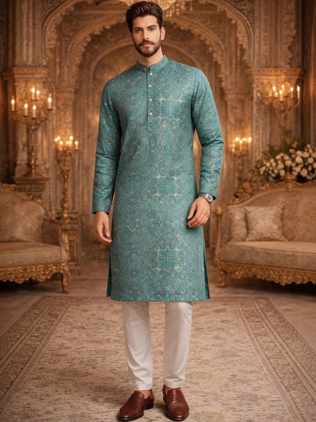 House of Pataudi s Teal Green Subtle Gold Ornatal Printed Straight Kurta-picture-57
