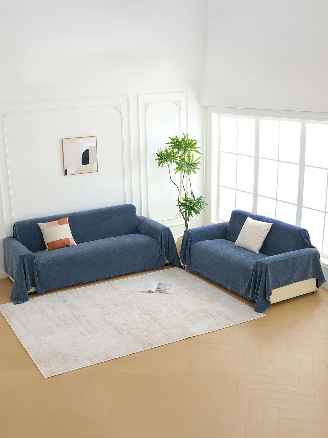 Story@home Navy Blue & Navy Blue Solid 2 Piece Sofa Cover With Arms-image-33