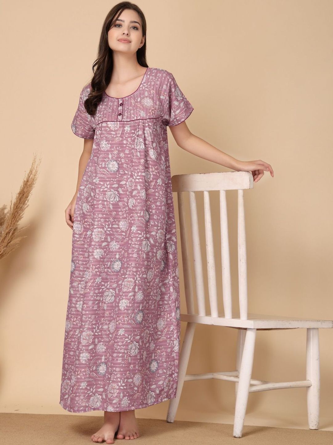 KLOTTHE Pink Floral Soft Feel Cotton Blend Printed Maxi Nightdress-picture-25