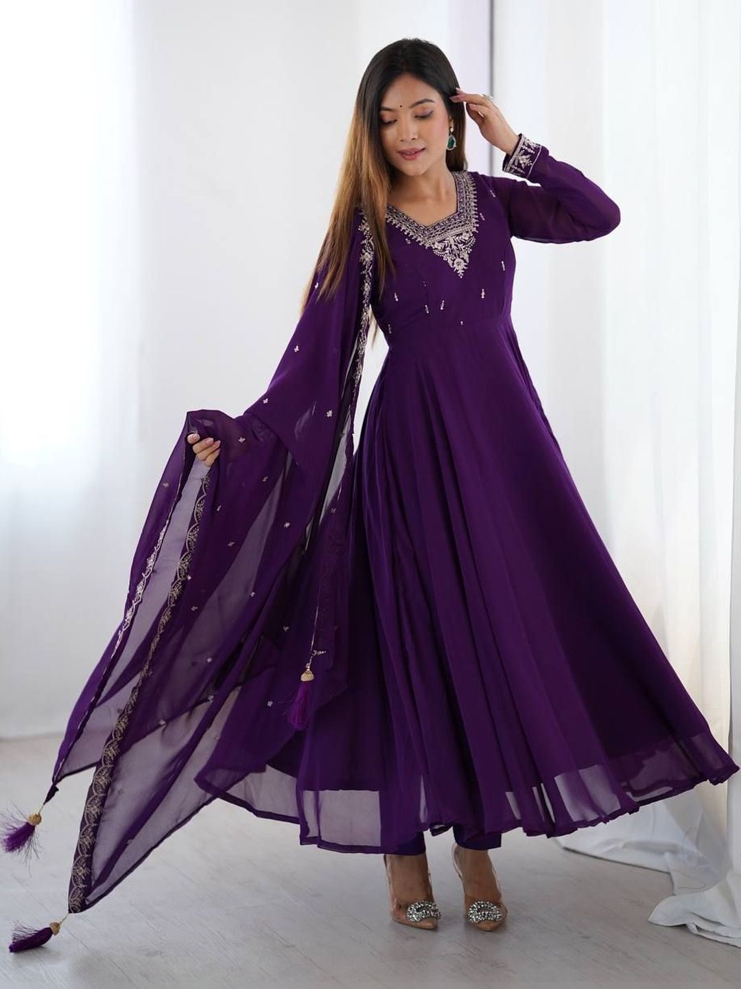 HERE&NOW Women Ethnic Motifs Embroidered Empire Thread Work Kurta with Trousers & With Dupatta-picture-12