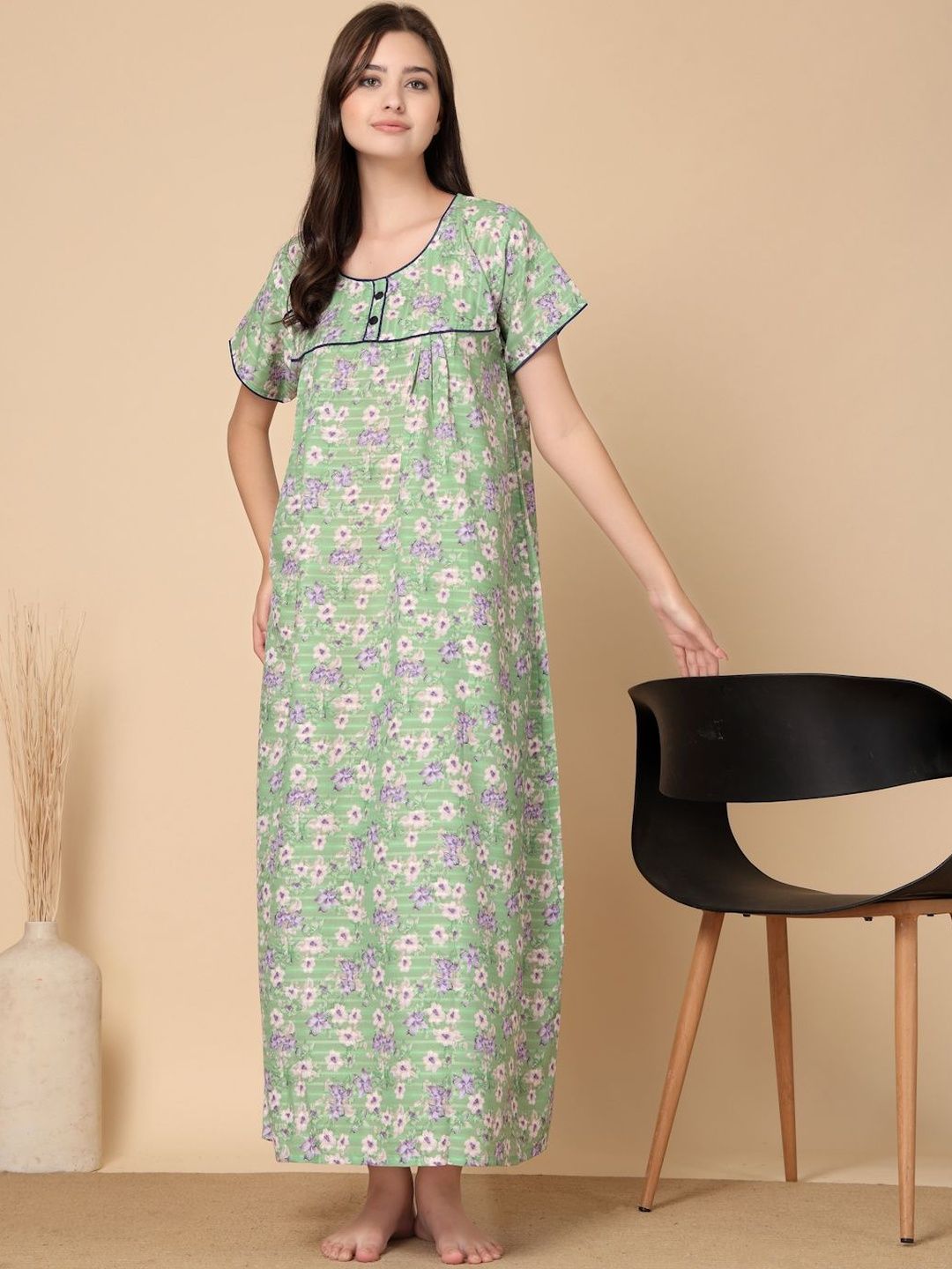 KLOTTHE Green Floral Soft Feel Cotton Blend Printed Maxi Nightdress-picture-31
