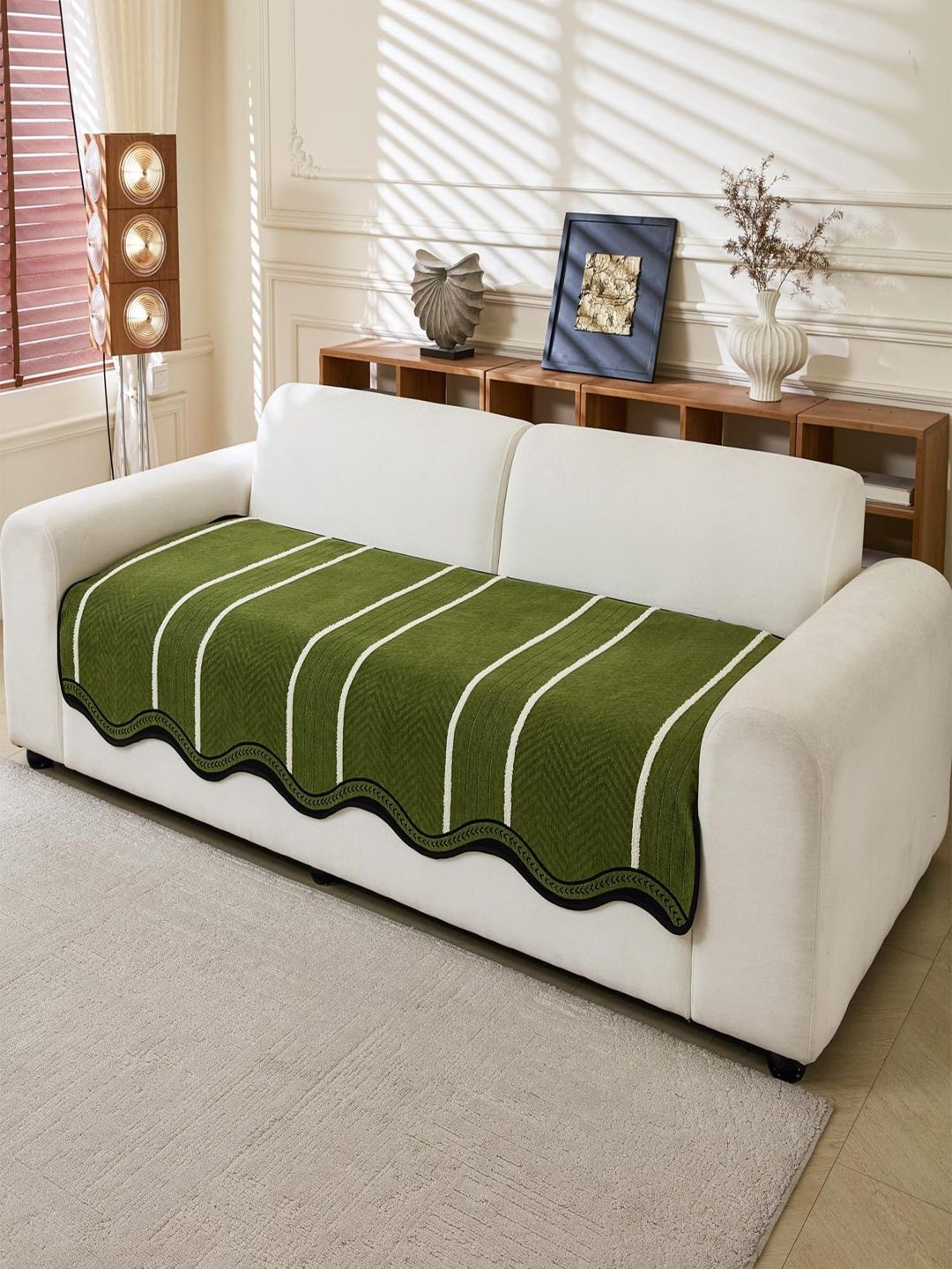 HOUSE OF QUIRK Green & Green Striped 1 Piece Sofa Cover Without Arms-image-36