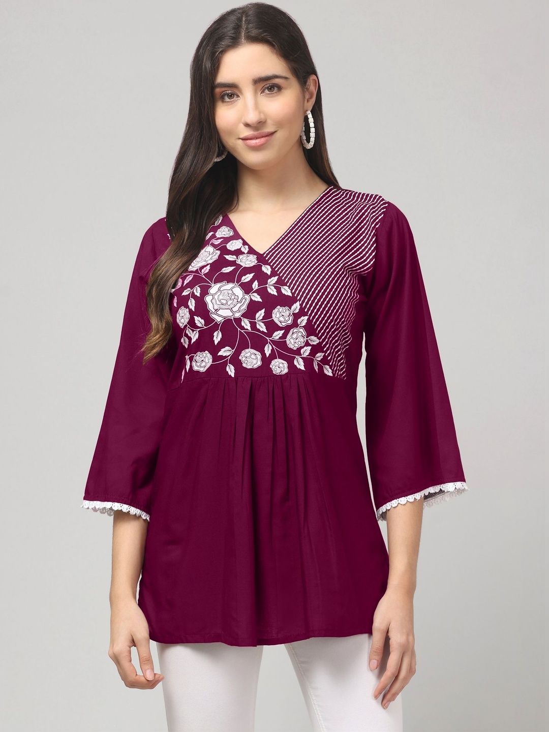 CROWN KING Floral Embroidered V-Neck Kurti-image-8