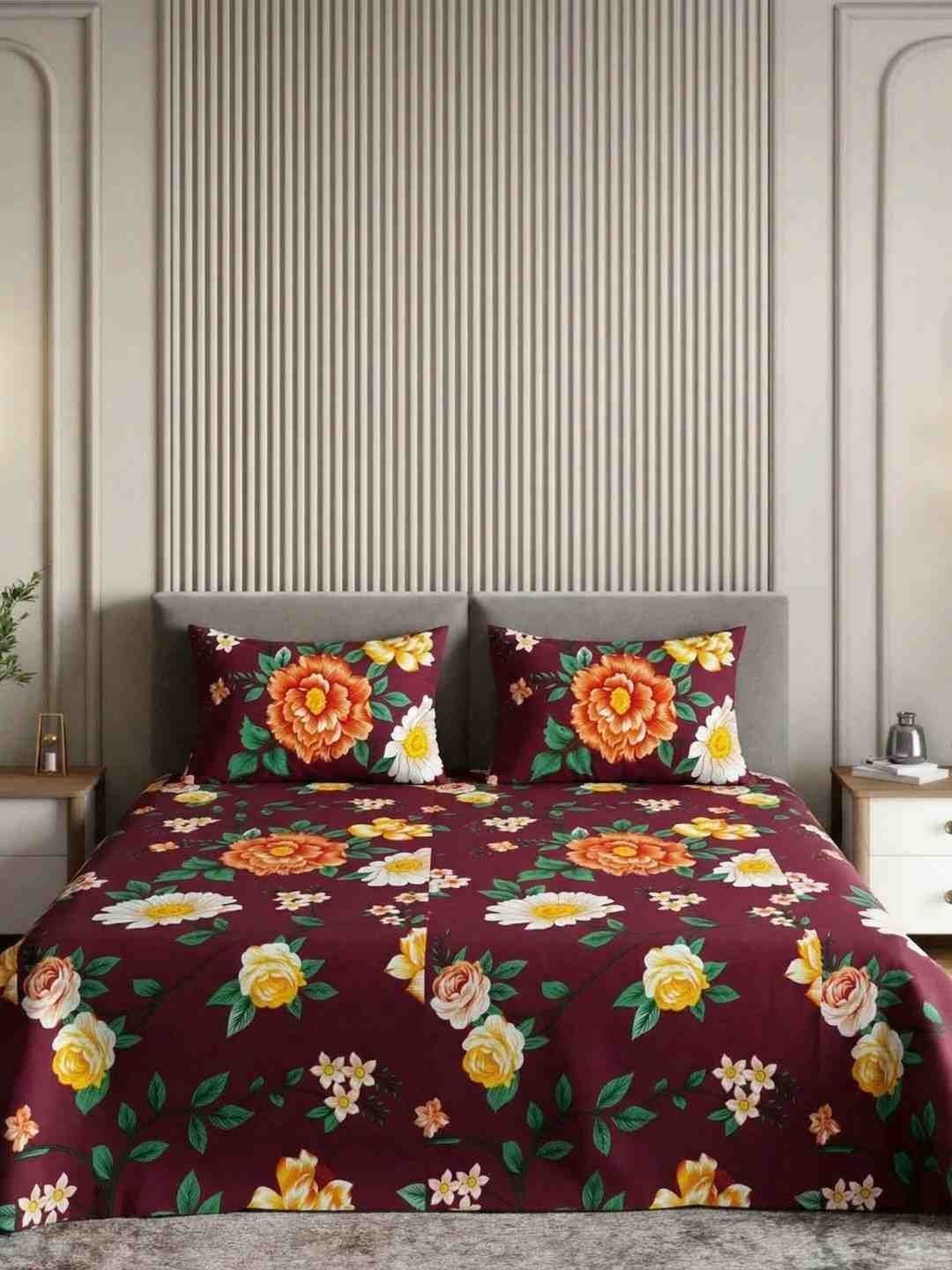 SATEEN BEDDING STORE Maroon Floral 300 TC Bedsheet with 2 Pillow Covers