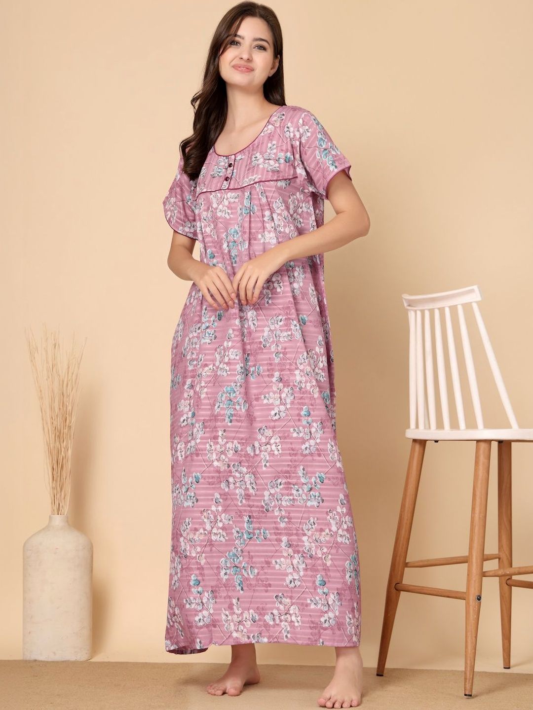 KLOTTHE Pink Floral Soft Feel Cotton Blend Printed Maxi Nightdress-image-16
