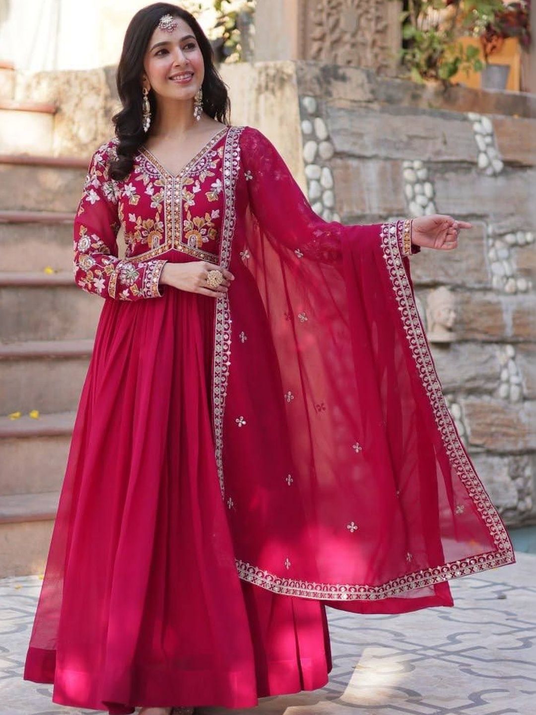 House of Pataudi Embroidered V-Neck Fit and Flare Ethnic Dresses-picture-50