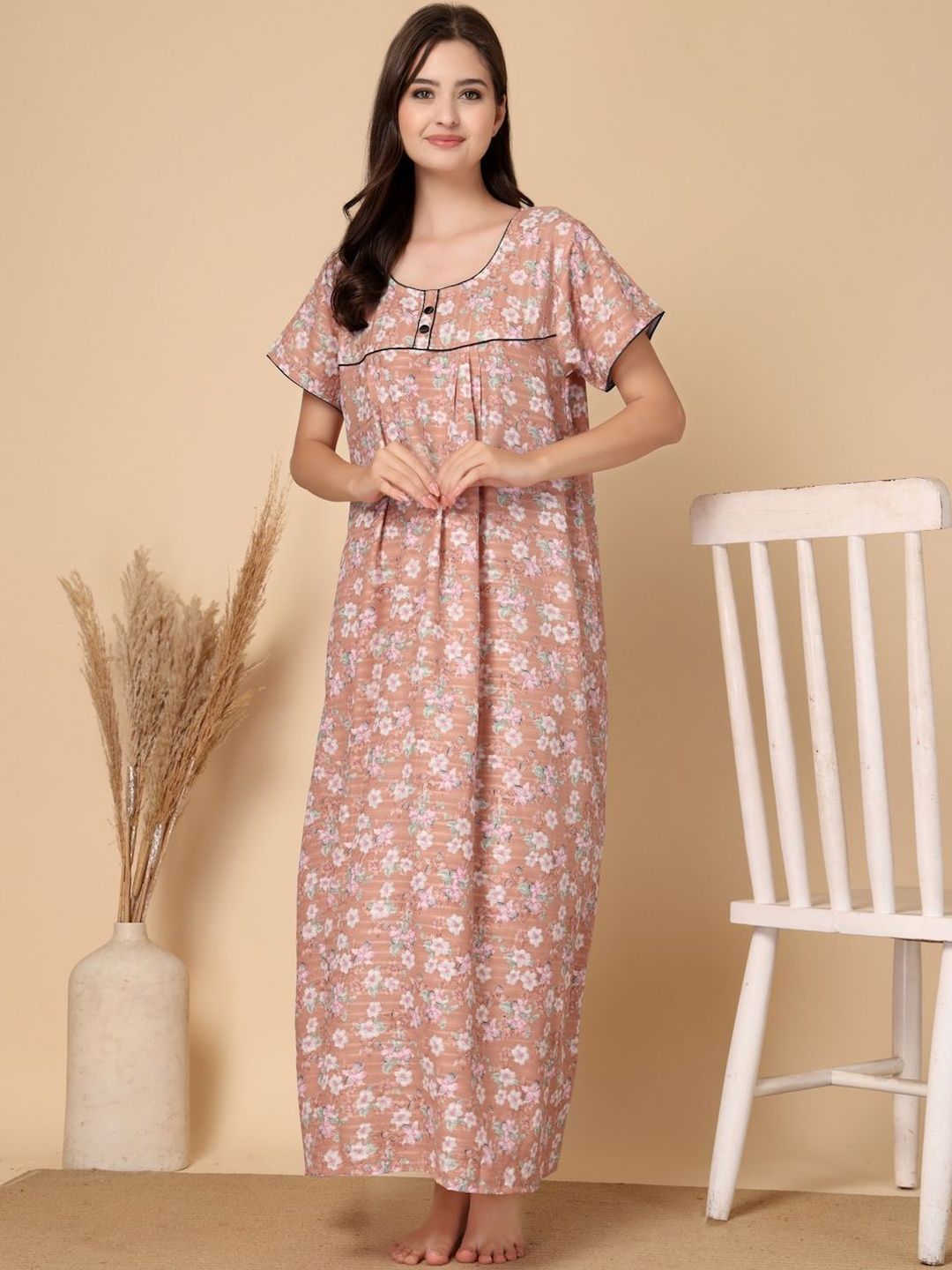KLOTTHE Orange Floral Soft Feel Cotton Blend Printed Maxi Nightdress-picture-23