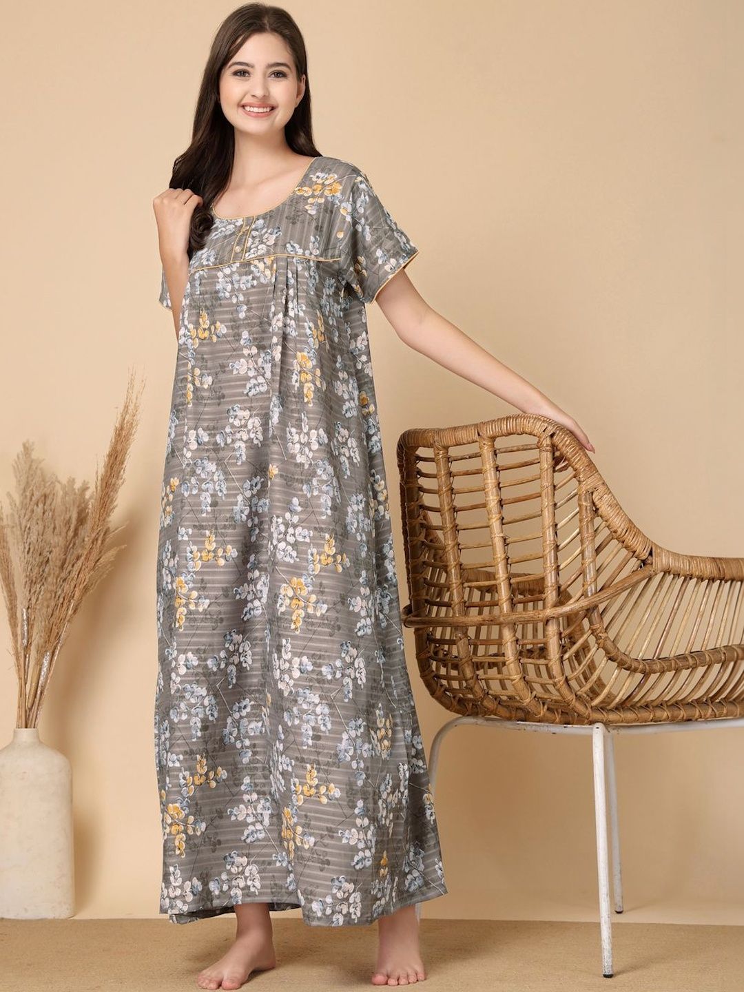 KLOTTHE Brown Floral Soft Feel Cotton Blend Printed Maxi Nightdress-picture-32