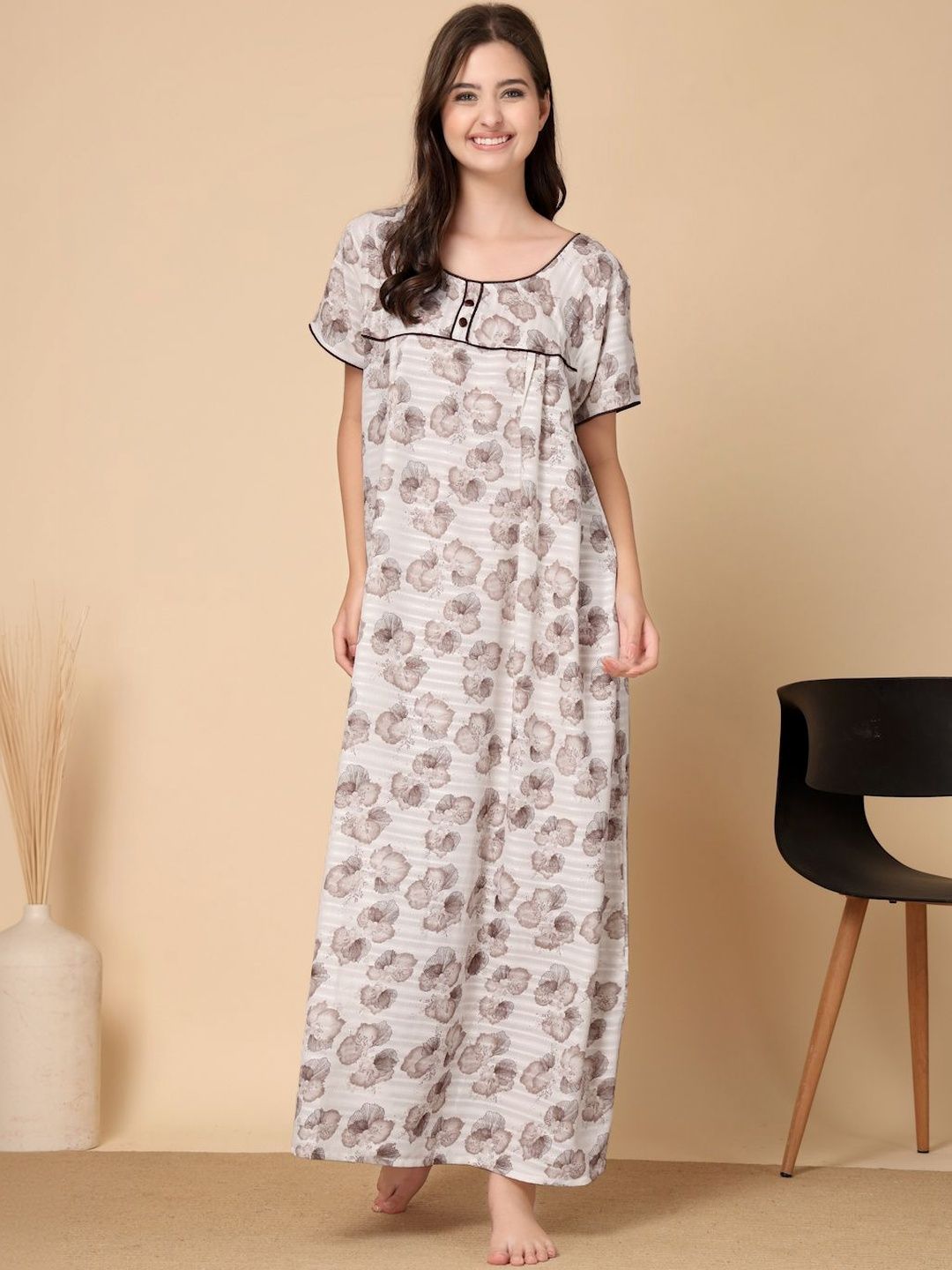 KLOTTHE Brown Floral Soft Feel Cotton Blend Printed Maxi Nightdress-picture-33
