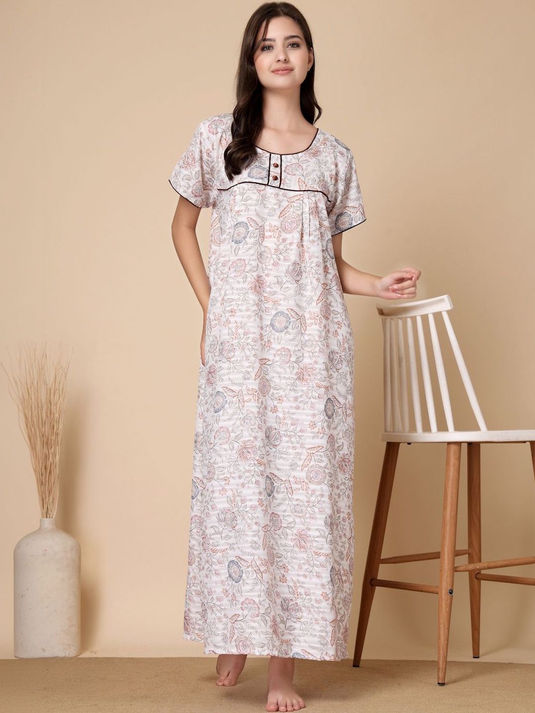 KLOTTHE White Floral Soft Feel Cotton Blend Printed Maxi Nightdress-picture-29