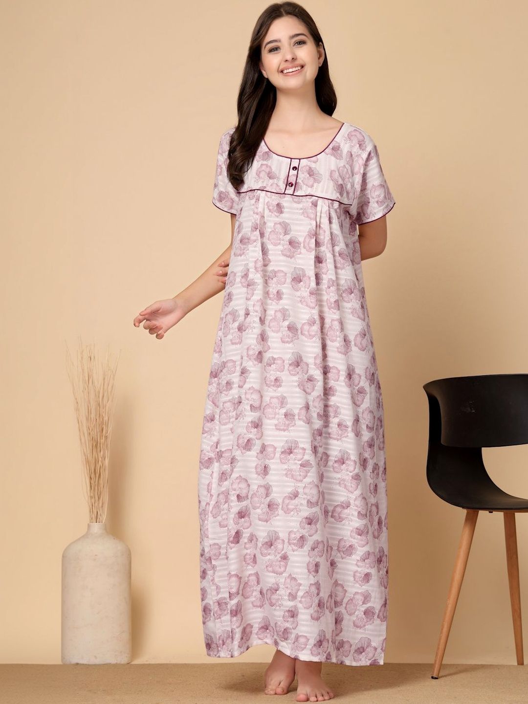 KLOTTHE Pink Floral Soft Feel Cotton Blend Printed Maxi Nightdress-picture-30