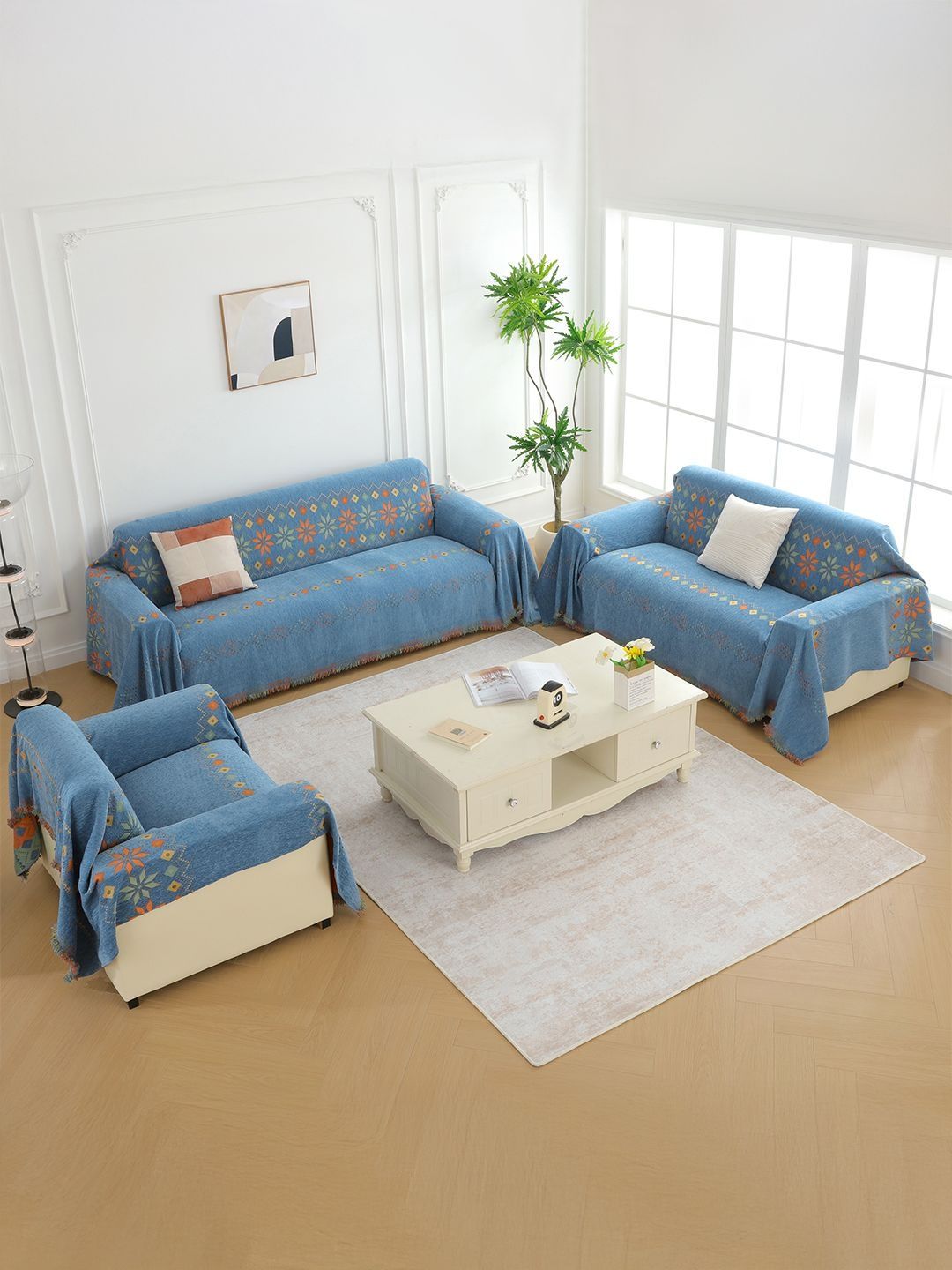 Story@home Blue & Orange 3 Pieces Geometric Printed Sofa Covers With Arms-image-19