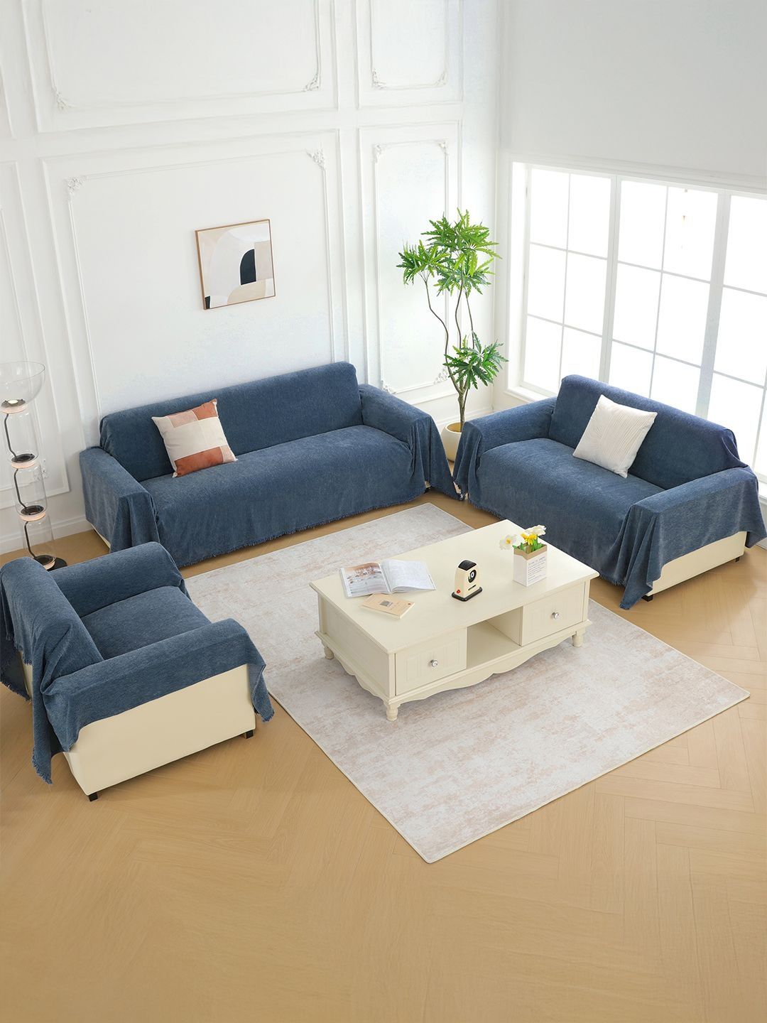 Story@home Navy Blue 3 Pieces Chevron Self Design Sofa Covers With Arms-image-32