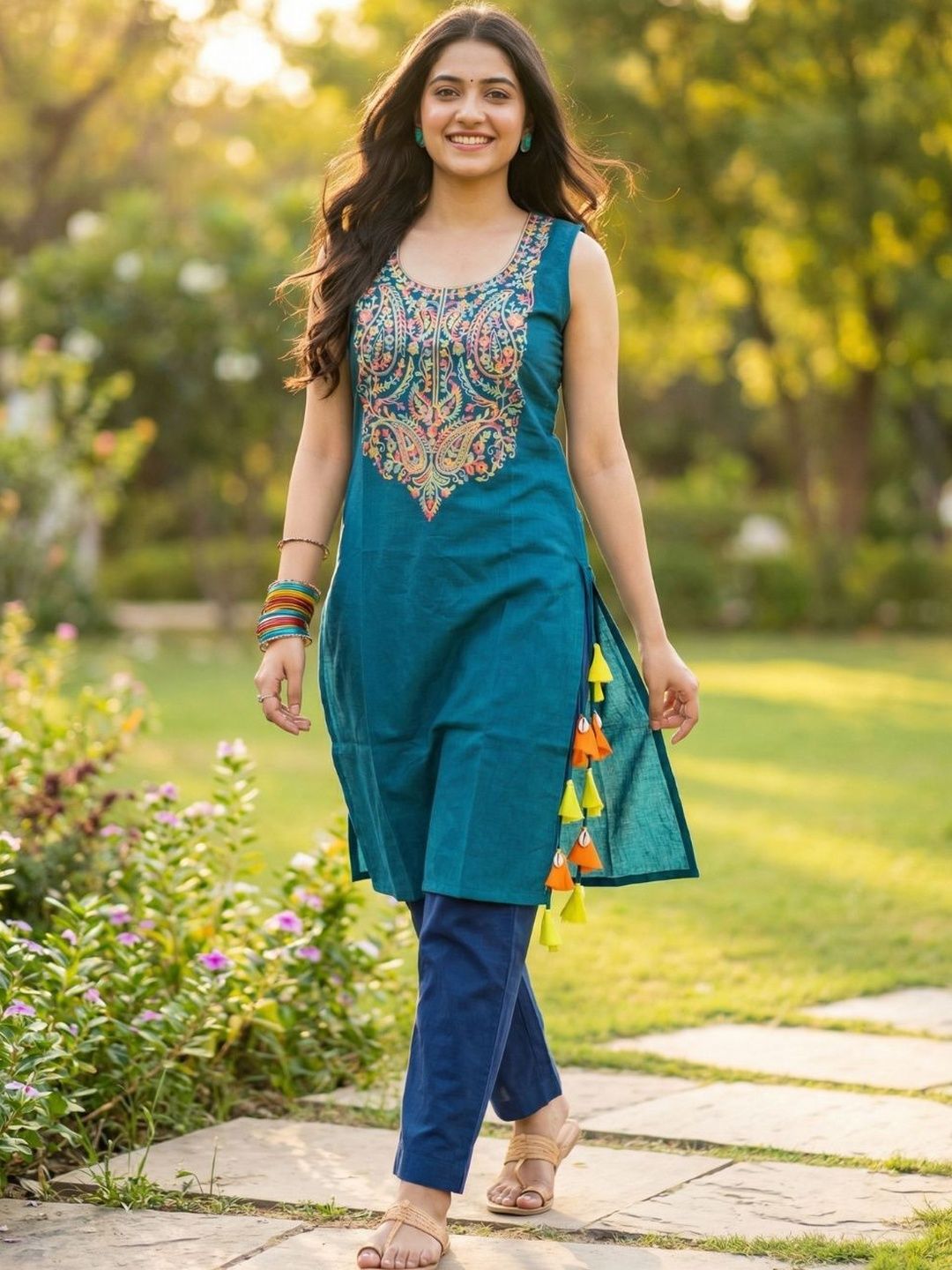 Youthnic Paisley Embroidered Boat Neck Thread Work Thread Work Kurti-picture-35