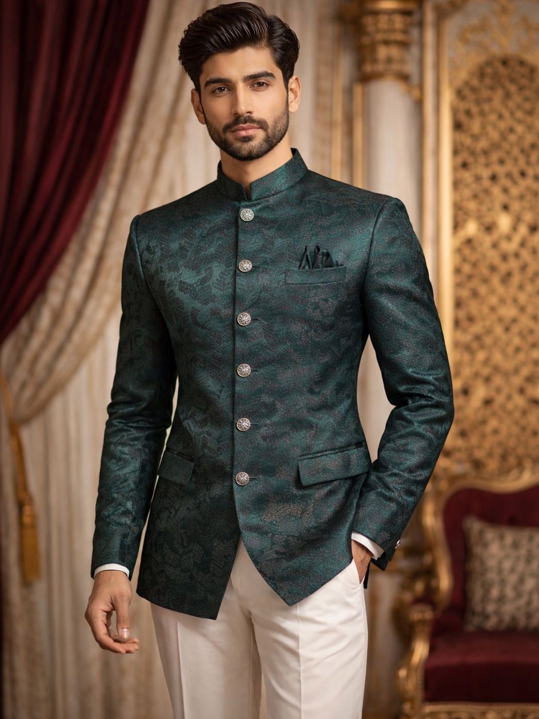 House of Pataudi Jacquard Self-Design Bandhgala Blazer-picture-13