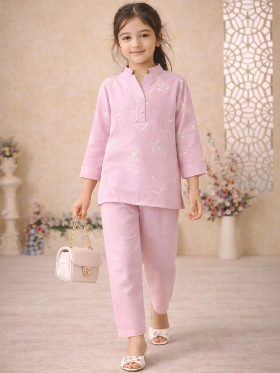 Sangria Girls Embroidered Mandarin Collar Cotton Top & Trousers Clothing Set-picture-16