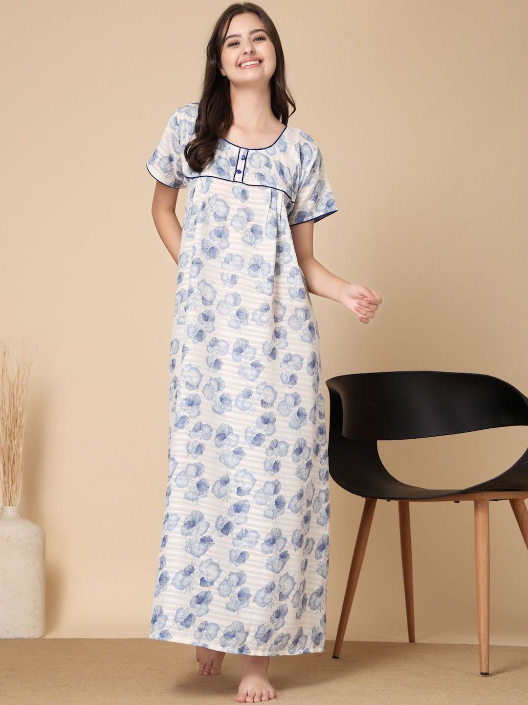 KLOTTHE Blue Floral Soft Feel Cotton Blend Printed Maxi Nightdress-picture-34