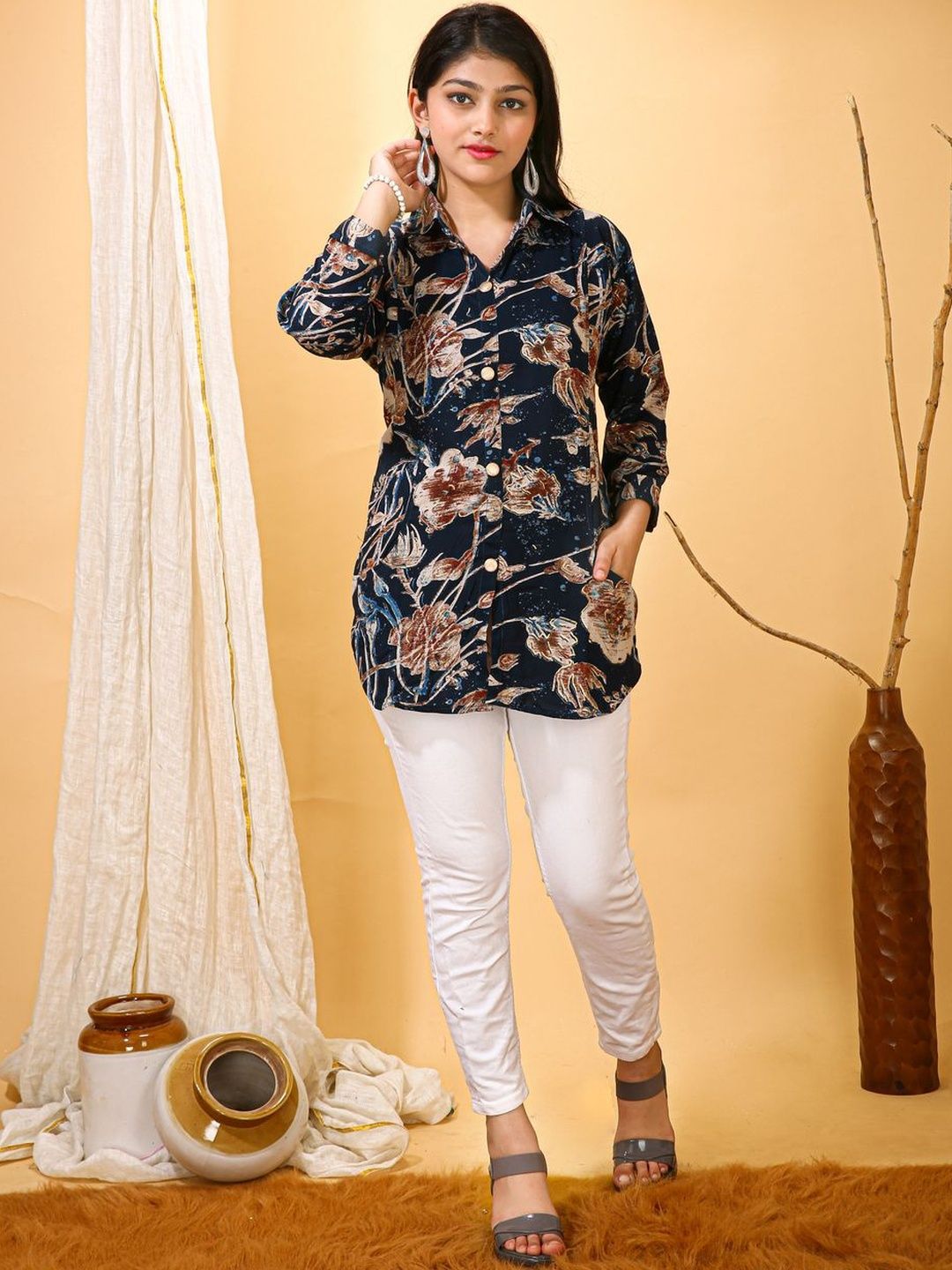 HERE&NOW Floral Printed Shirt Collar Kurti-image-16