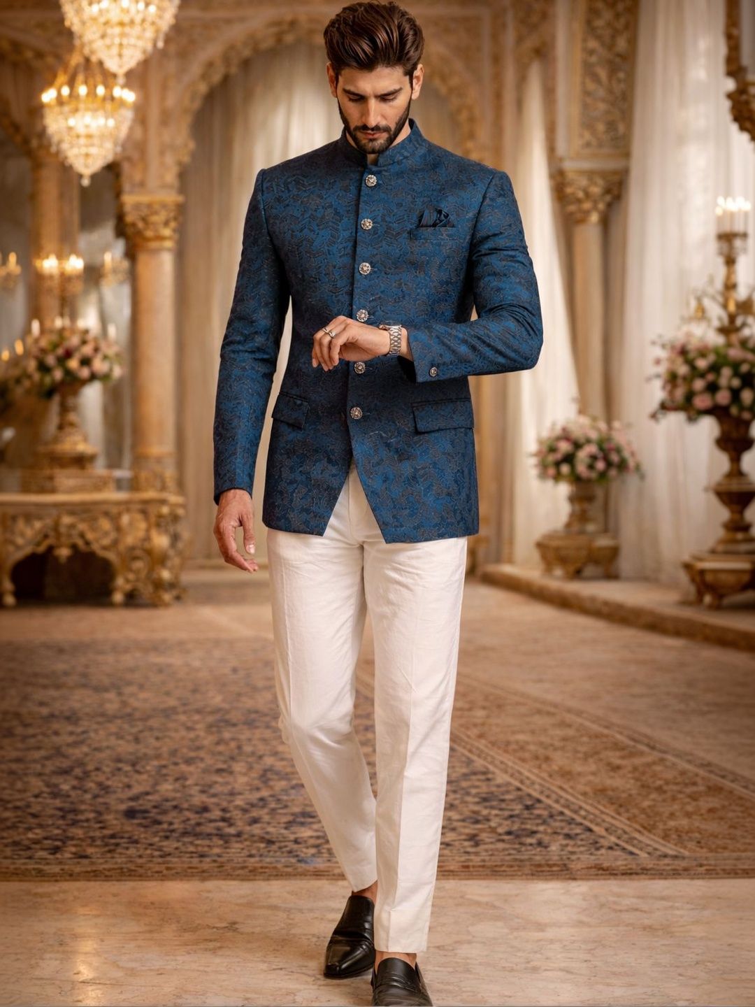 House of Pataudi s Blue Jacquard Self-design Bandhgala Jodhpuri Blazer-picture-14