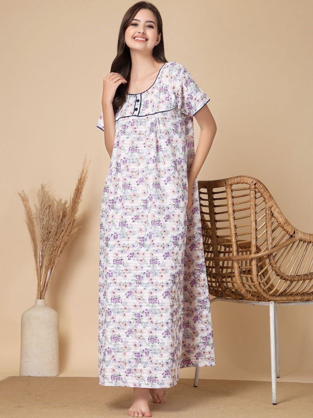 KLOTTHE White Floral Soft Feel Cotton Blend Printed Maxi Nightdress-picture-28