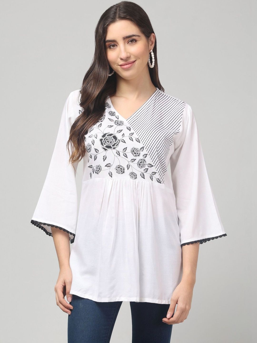 CROWN KING Floral Embroidered V-Neck Flared Sleeves Empire Kurti-image-29