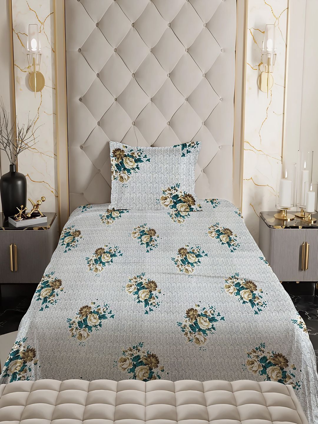 Aura Grey Floral 120 TC Single Bedsheet with 1 Pillow Covers-picture-26