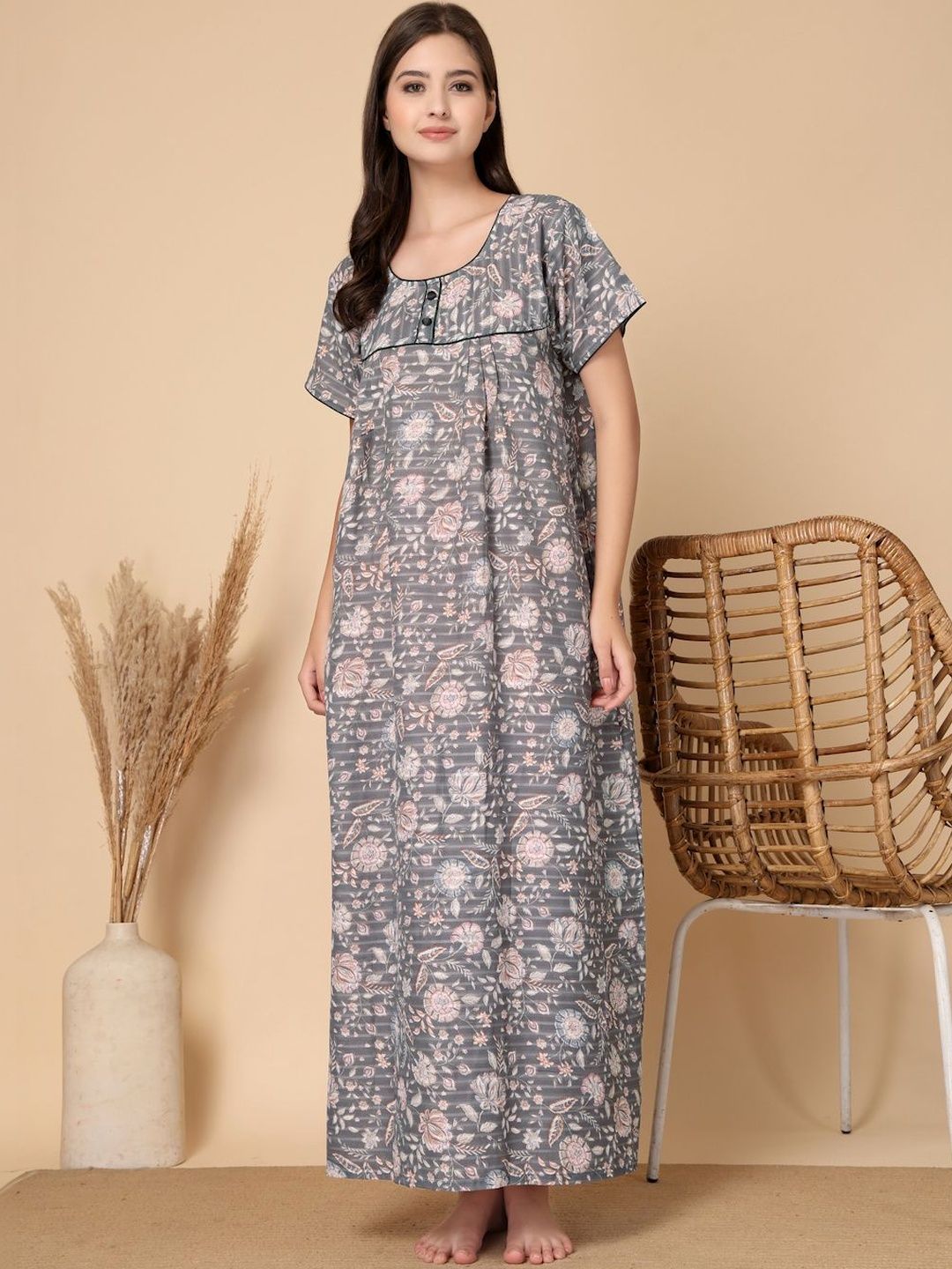 KLOTTHE Grey Floral Soft Feel Cotton Blend Printed Maxi Nightdress-picture-30