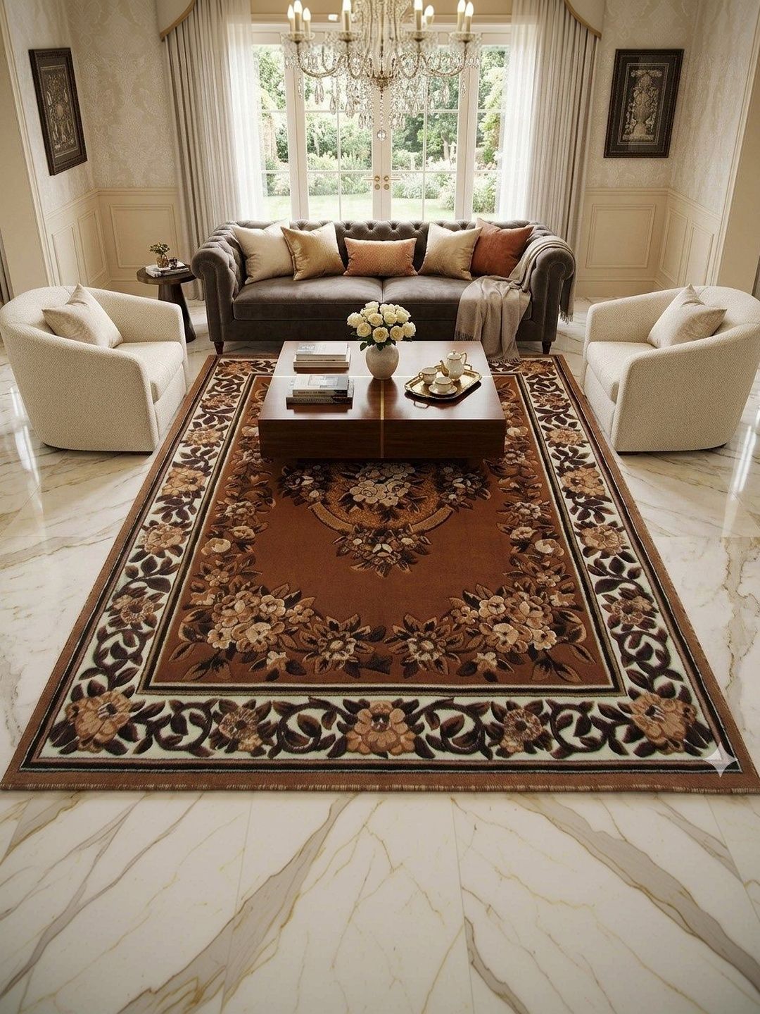 KAYNAT CARPET Gold-Toned Floral Anti-Skid Woollen Carpet-picture-19