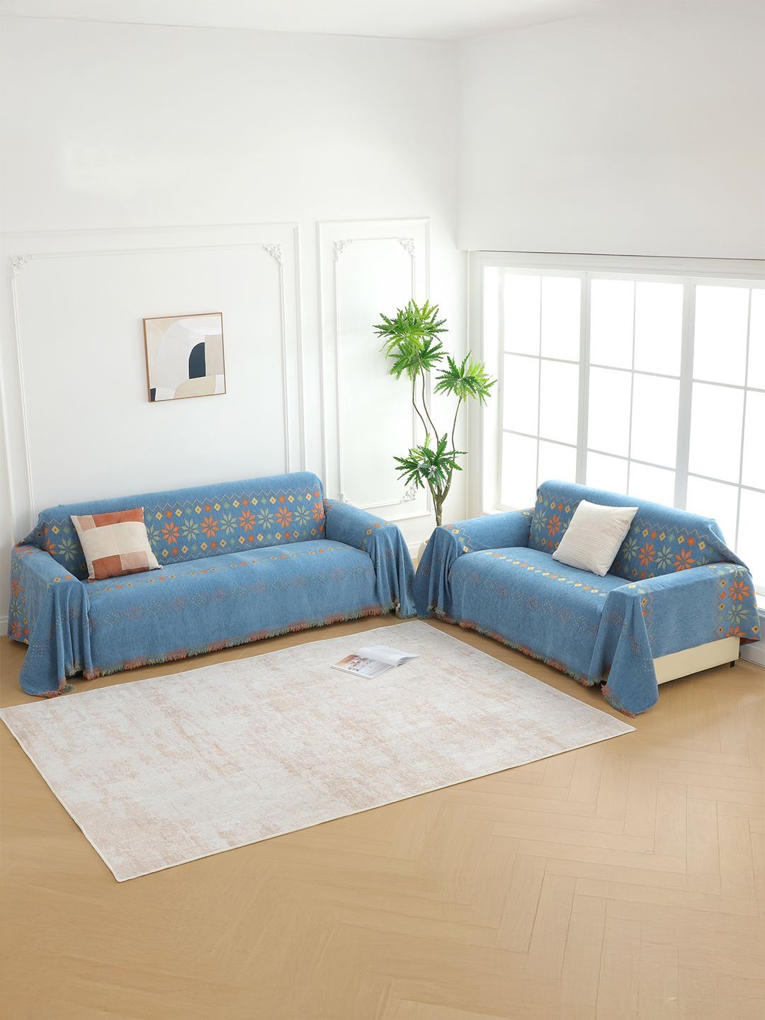 Story@home Blue & Orange 2 Pieces Geometric Printed Sofa Covers With Arms-image-23