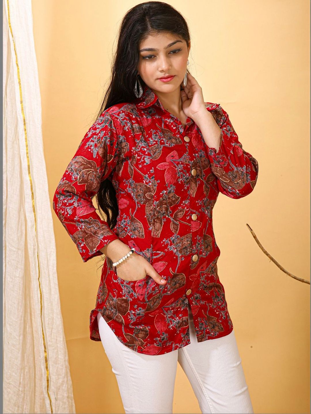 HERE&NOW Botanical Printed Shirt Collar Kurti-picture-25
