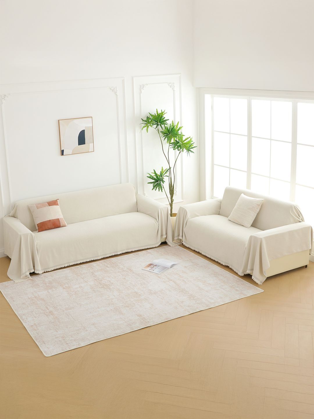 Story@home Off White & Cream 2 Pieces Chevron Self Design Sofa Covers With Arms-image-10