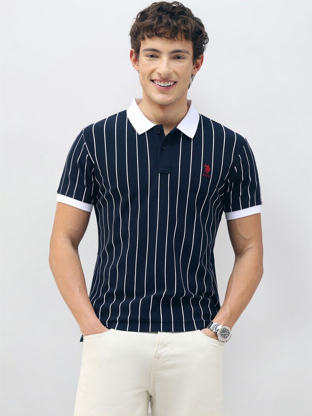U.S. Polo Assn. Men Striped Polo Collar Slim Fit T-shirt