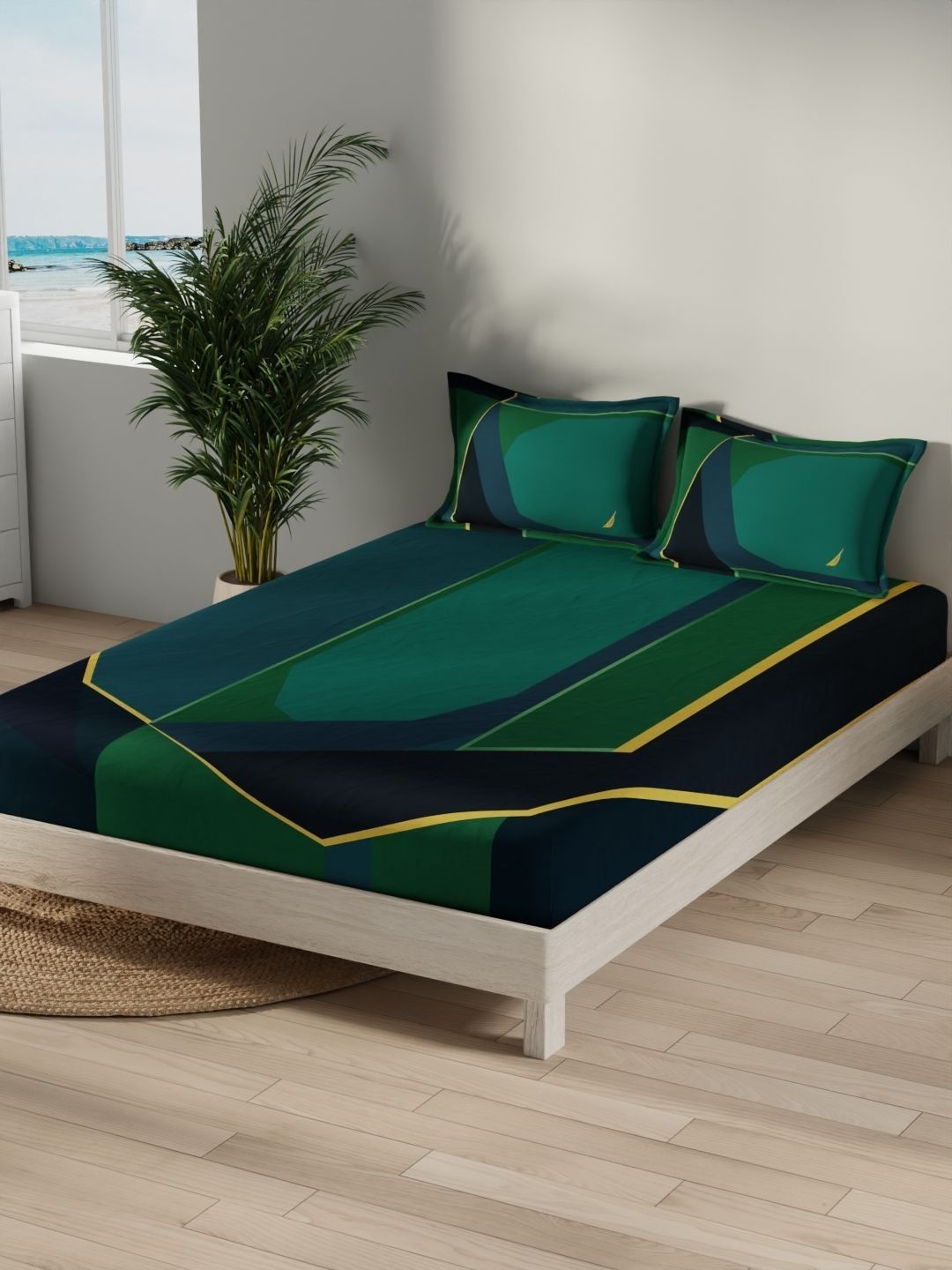 Nautica Green Geometric 400 TC Bedsheet with 2 Pillow Covers-image-36