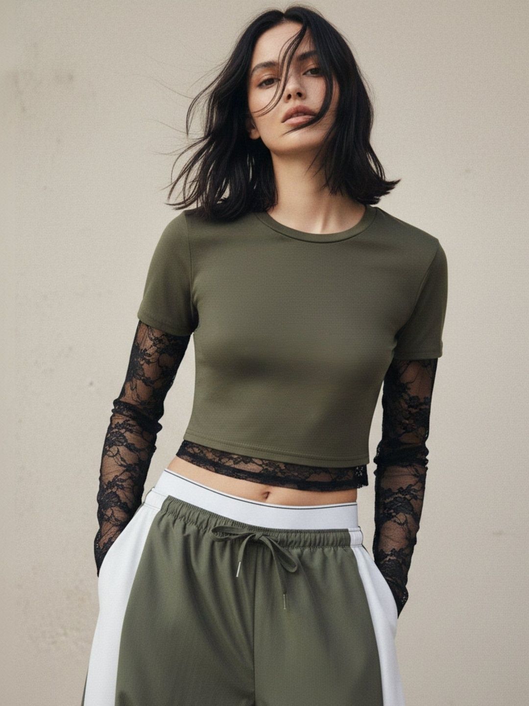 Outzidr Olive Lace Sleeve Fitted Top-picture-10
