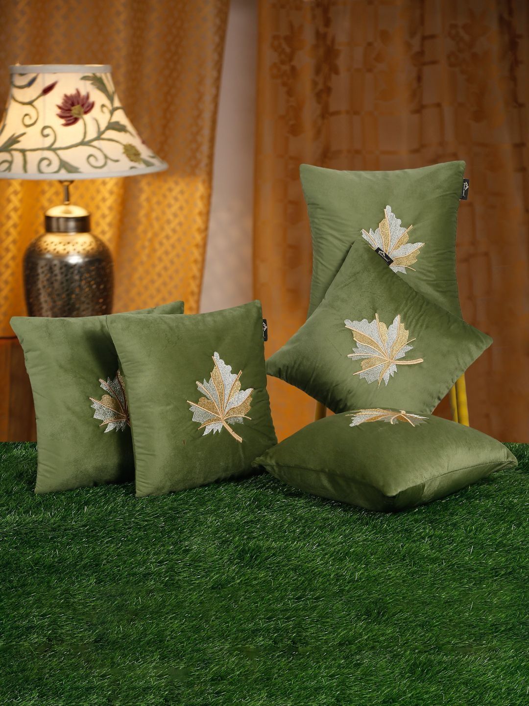 Myntra Elegant Homes Green & Gold-Toned Set of 5 Embroidered Velvet Blend Square Cushion Covers-image-6