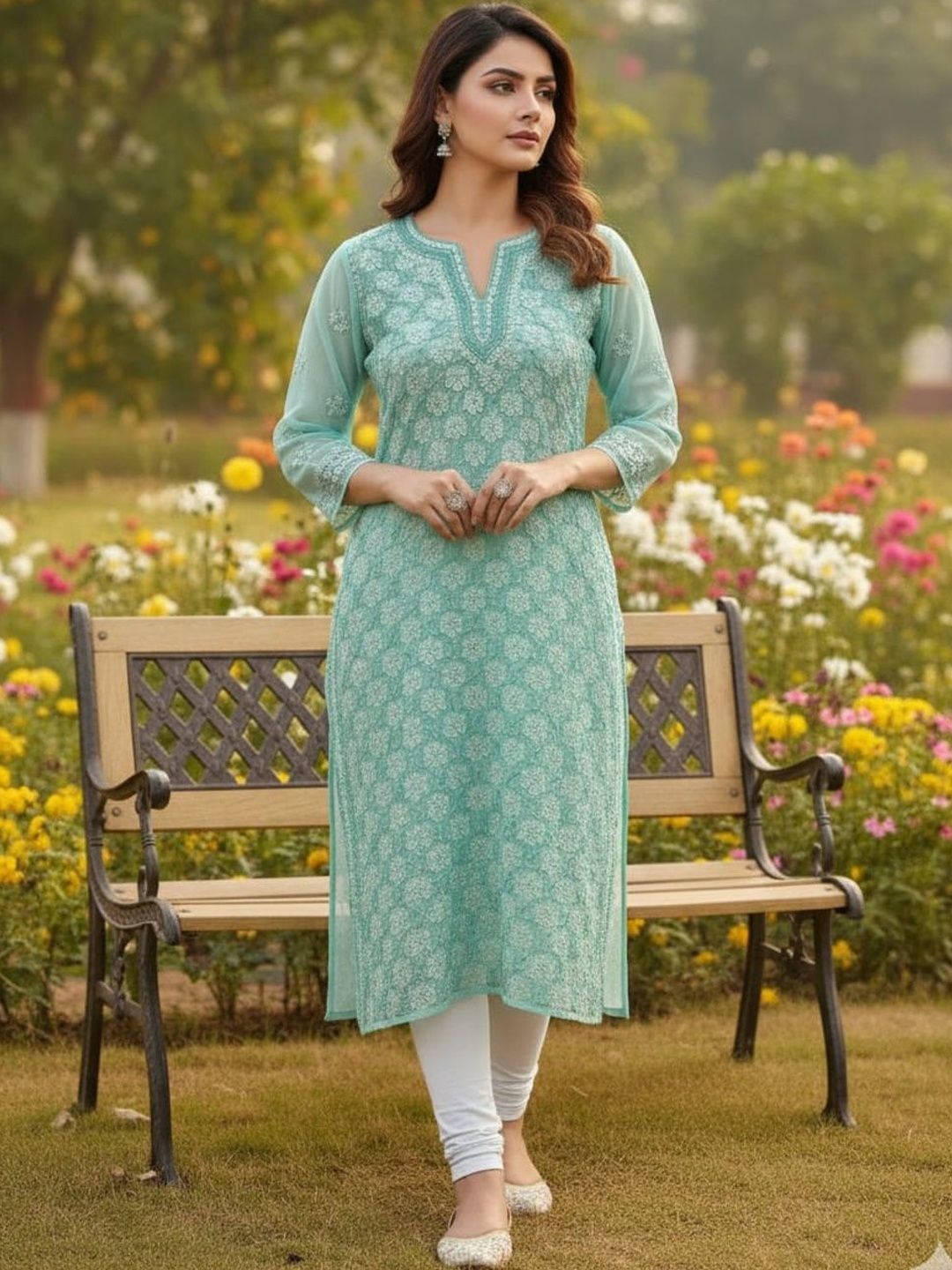 Silakaari Ethnic Motifs Embroidered V-Neck Chikankari Pure Georgette Chikankari Kurti-picture-28