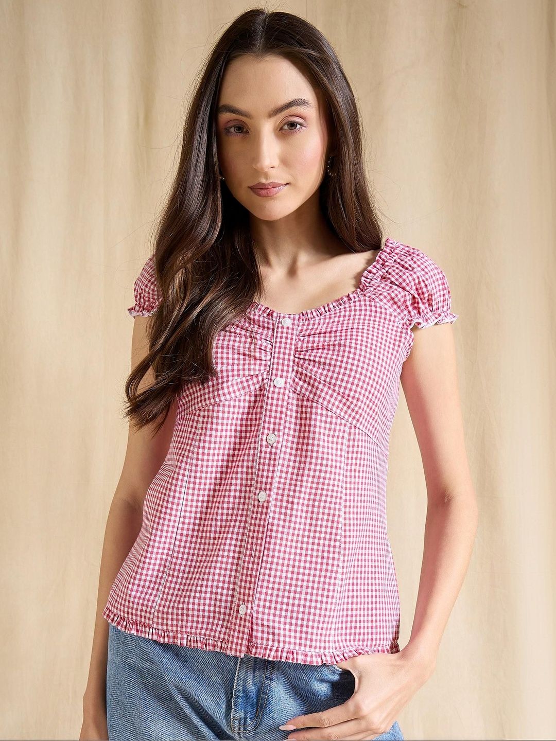 DRAPE AND DAZZLE Checked Sweetheart Neck Puff Sleeve Cotton Blend Top-picture-57