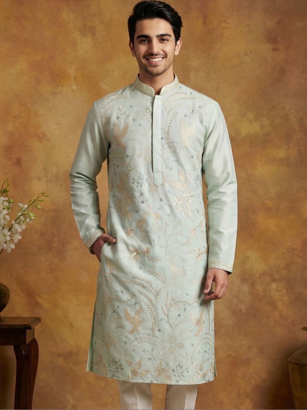 House of Pataudi Embroidered Silk Mandarin Collar Knee Length Straight Kurta-picture-34