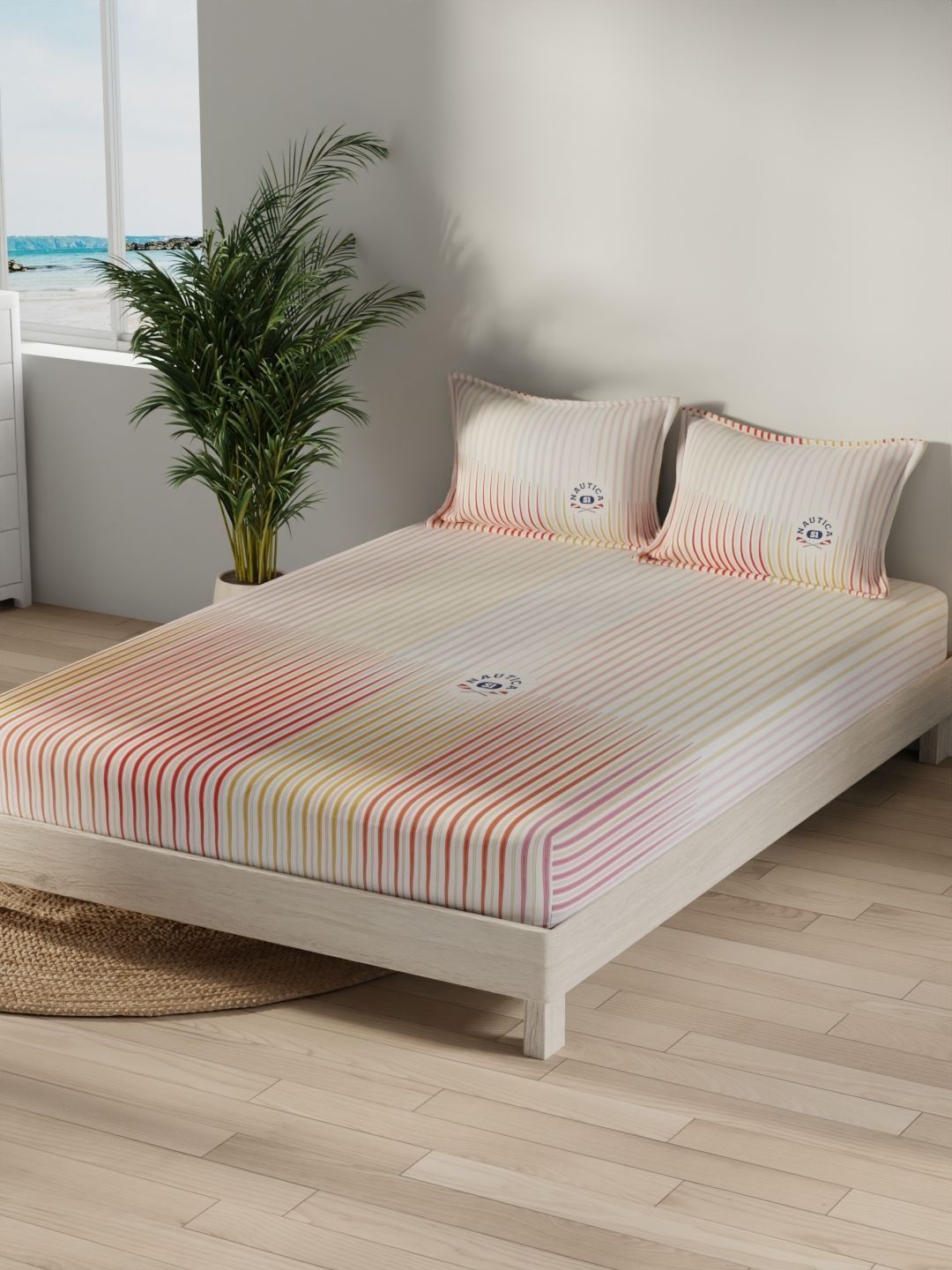 Nautica White & Yellow Striped 400 TC King Bedsheet with 2 Pillow Covers-image-7