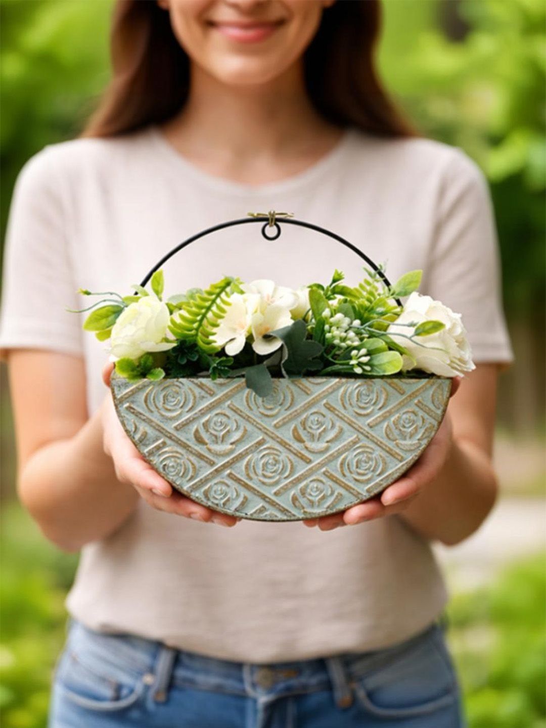 Art Street Turquoise Blue & Green Semi Round Wall Hanging Planter-picture-30