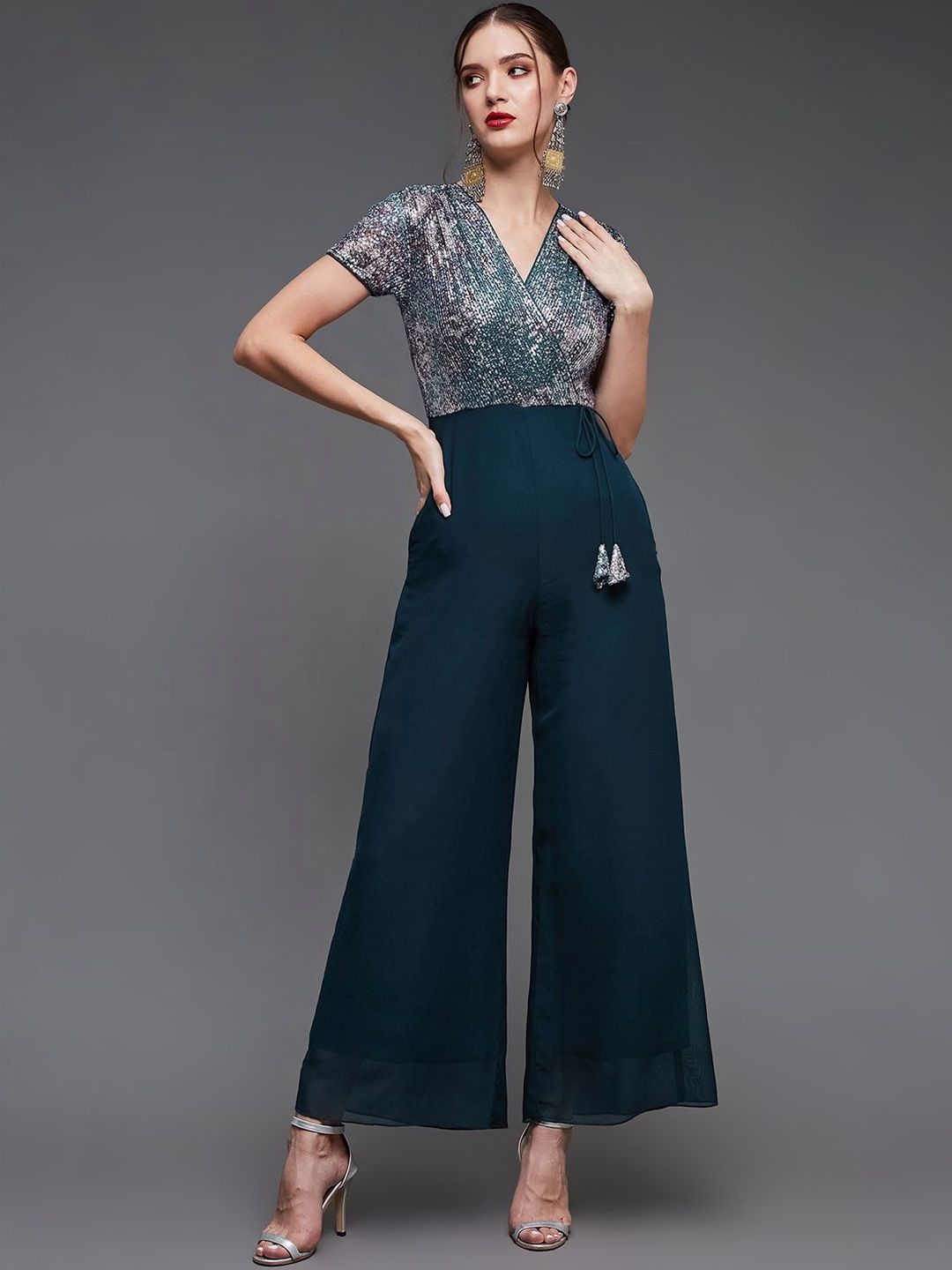 Miss Chase Women V-Neck Short-Sleeve Embellished Regular-Length Georgette Jumpsuit-picture-35