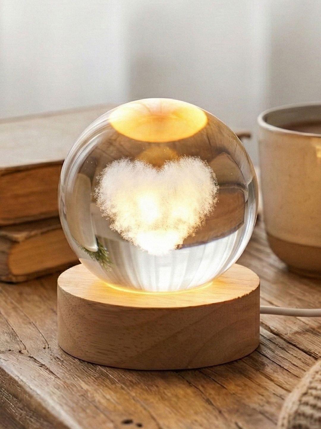 eCraftIndia Transparent & Brown 3D Love Heart Wooden & Crystal Ball Night Table Lamp-image-3
