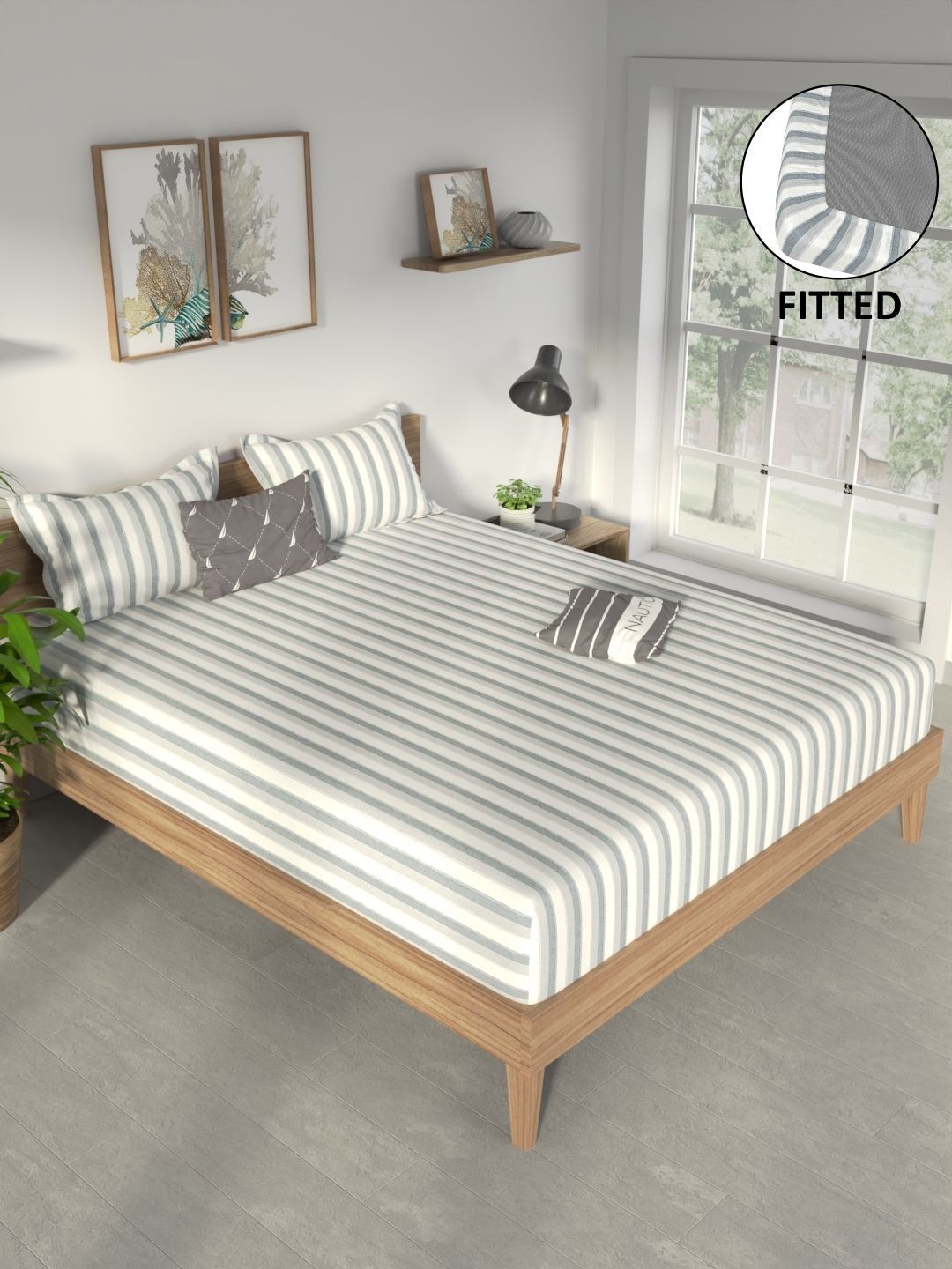 Nautica White Striped 160 TC King Bedsheet with 2 Pillow Covers-image-38