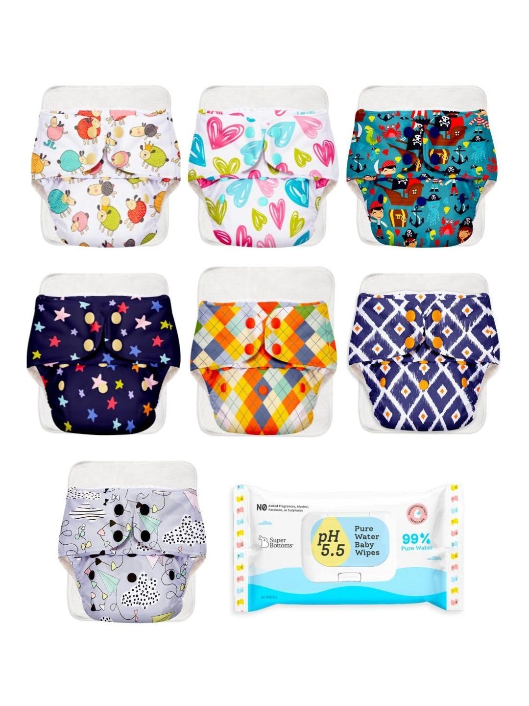 SuperBottoms Set Of 7 Reusable Cloth Diapers With Hydrating Wipes-image-46