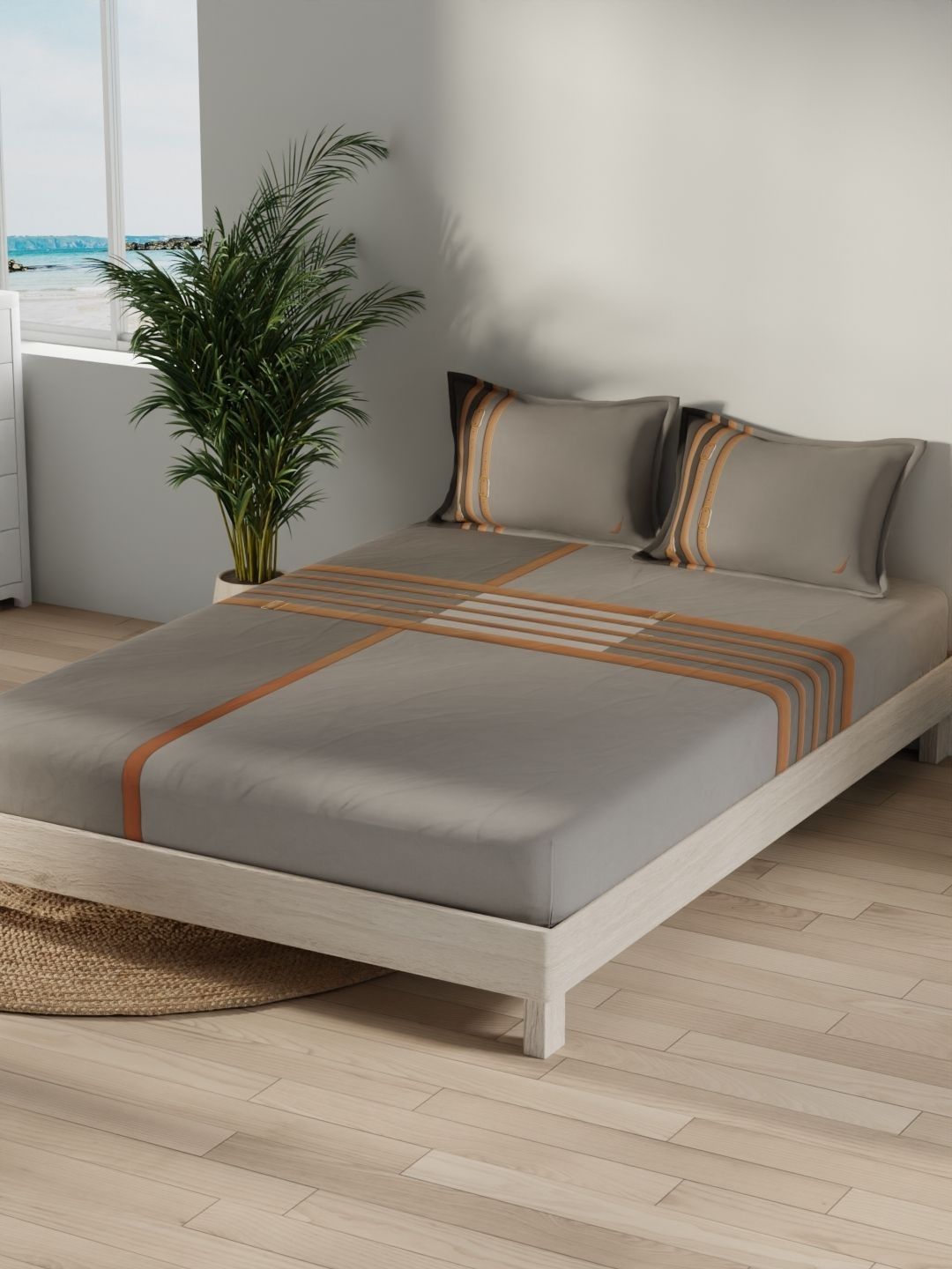 Nautica Grey Striped 400 TC King Bedsheet with 2 Pillow Covers-image-5