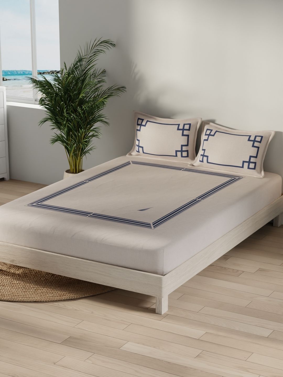 Nautica Beige & Navy Blue Geometric 400 TC King Bedsheet with 2 Pillow Covers-image-5