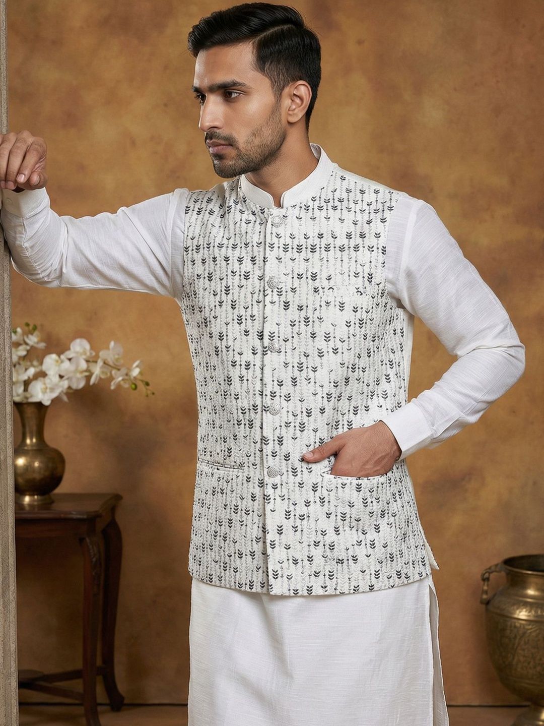 Jompers Embroidered Mandarin Collared Nehru Jackets-image-20